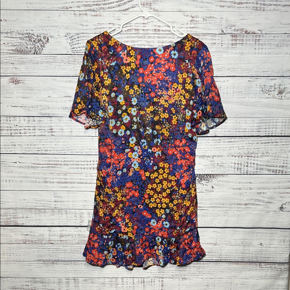 Anthropologie Ruffled Satin Mini Dress Floral Open Low Back Bow 12P - Picture 3 of 16